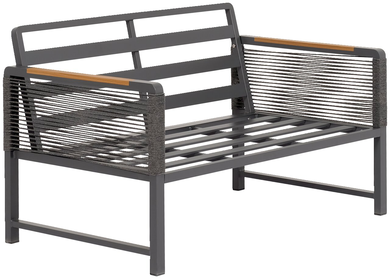 Zweisitzige Sitzbank aus Metall mit seitlichen Seilakzenten, seitliche Perspektive