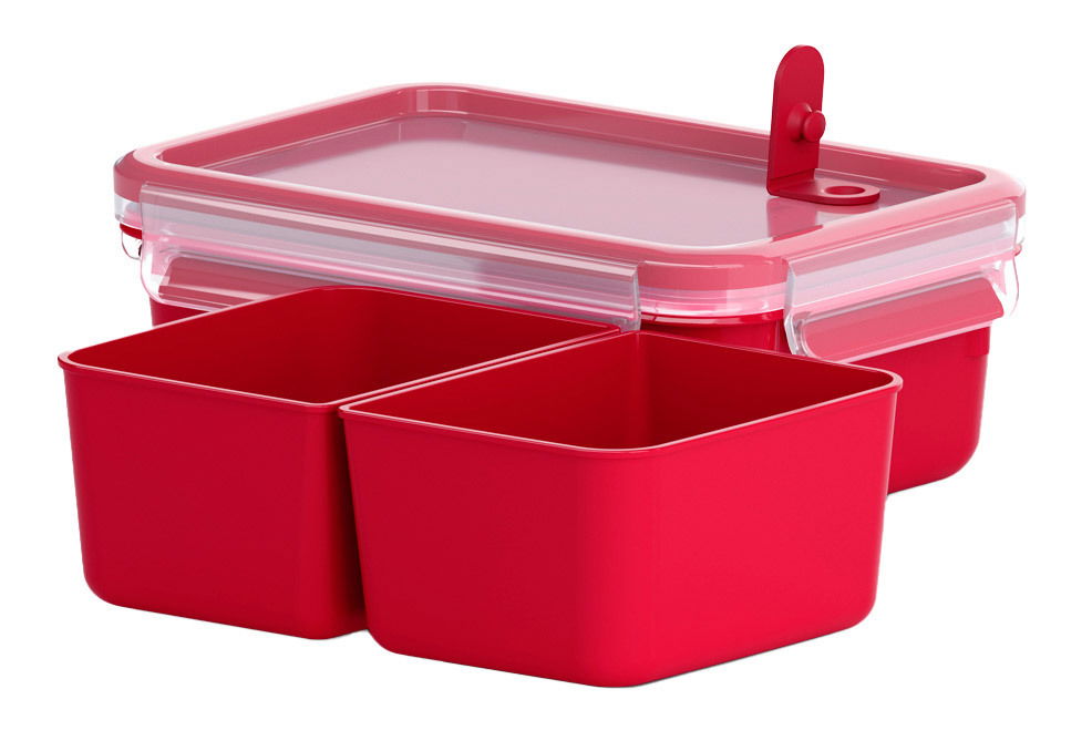 Rote Mikrowellendose mit Einsätzen, seitliche Perspektive