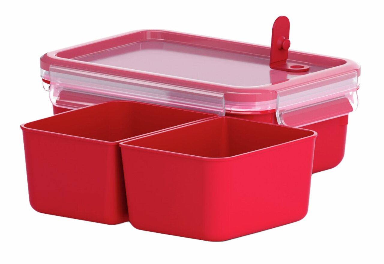 Rote Mikrowellendose mit Einsätzen, seitliche Perspektive