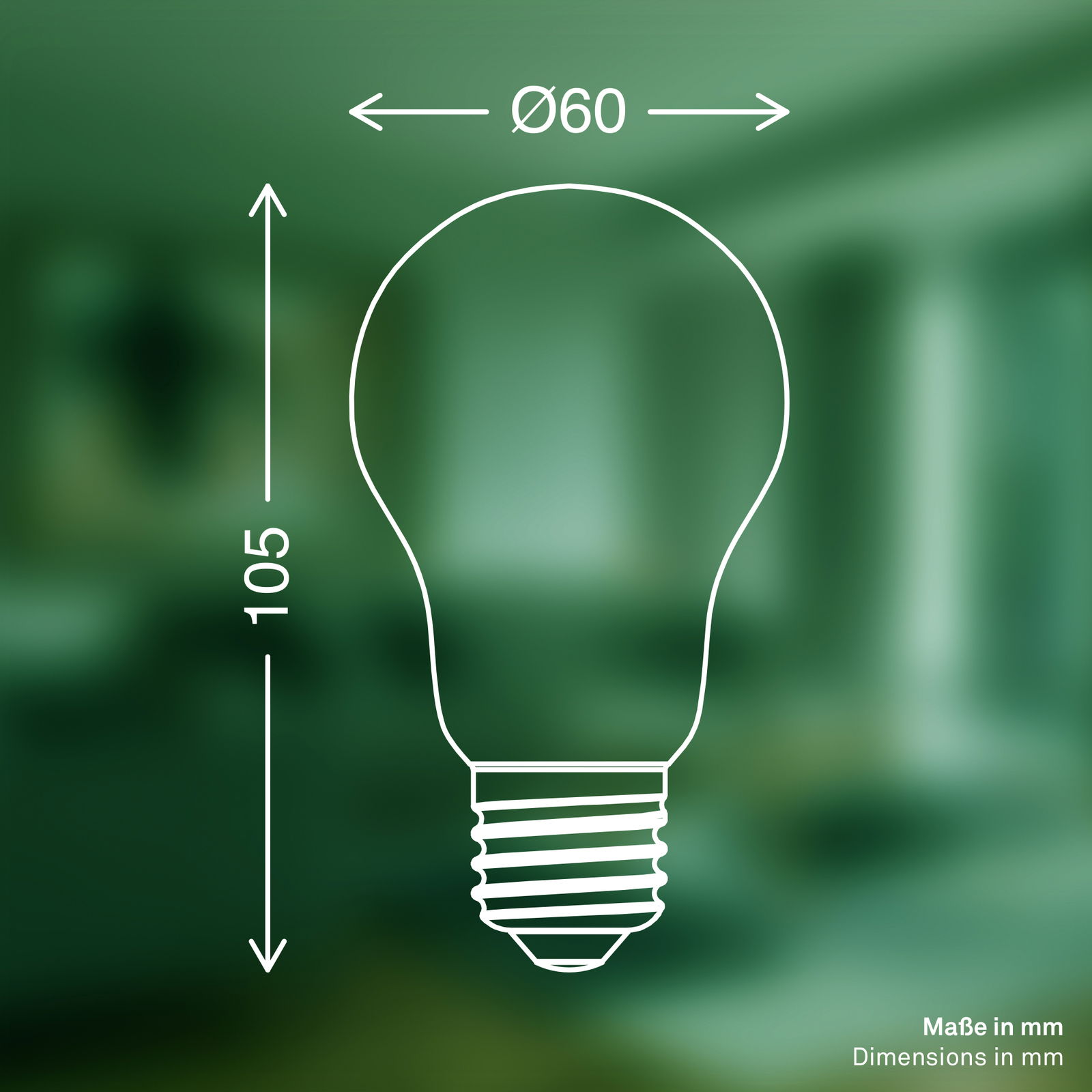 Abbildung einer LED-Glühbirne E27 mit den Maßen 60 mm Durchmesser und 105 mm Höhe, seitliche Perspektive.