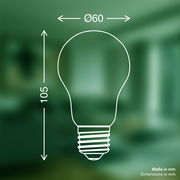Abbildung einer LED-Glühbirne E27 mit den Maßen 60 mm Durchmesser und 105 mm Höhe, seitliche Perspektive.