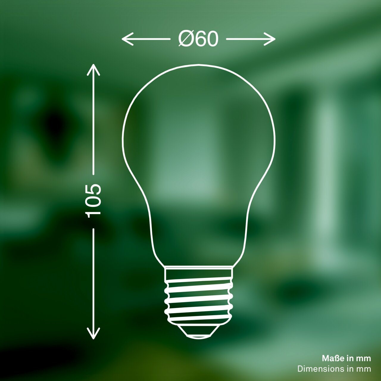 Abbildung einer LED-Glühbirne E27 mit den Maßen 60 mm Durchmesser und 105 mm Höhe, seitliche Perspektive.