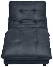 Vorderansicht einer dunkelblauen, gepolsterten Liege mit quadratischer Steppung.