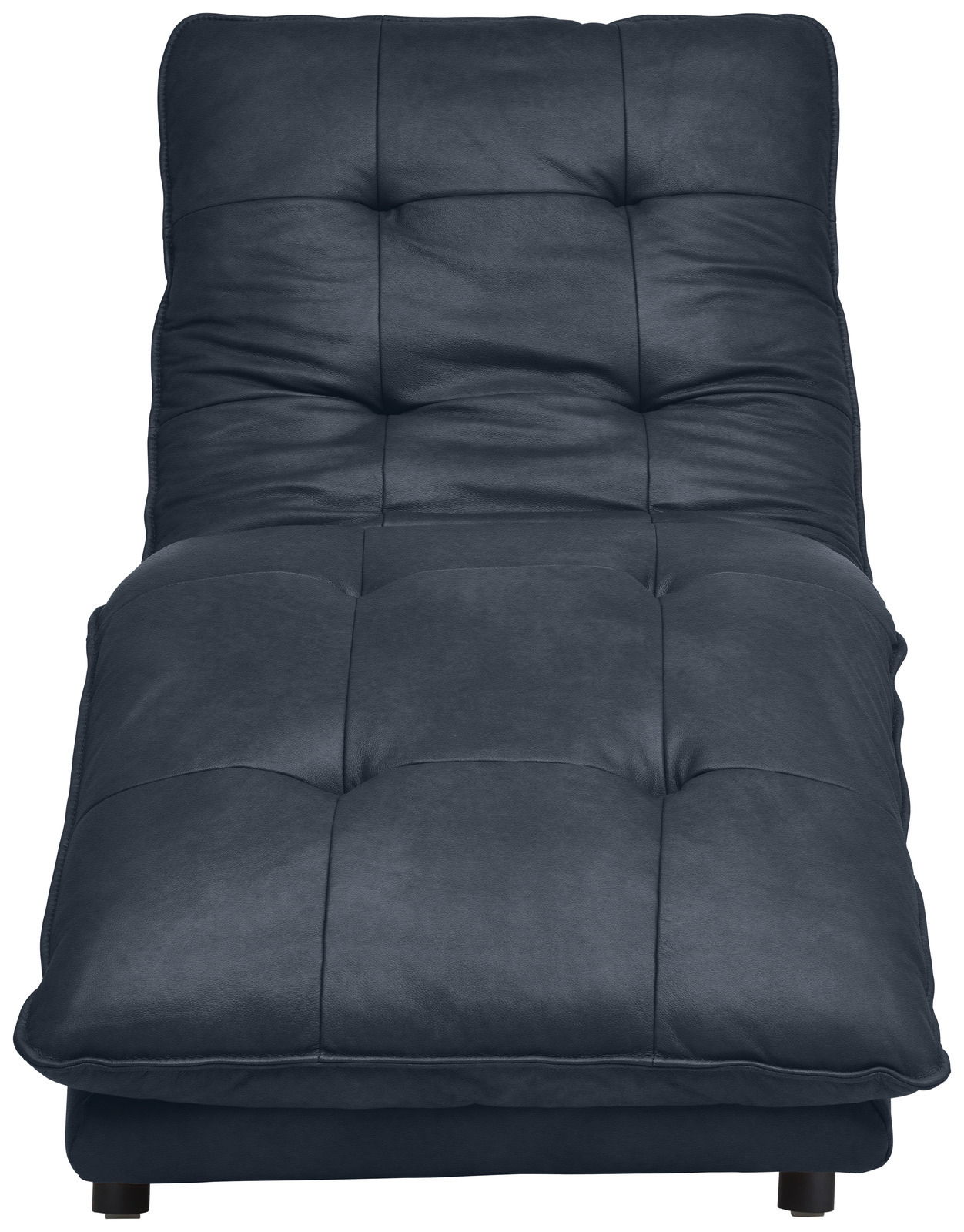 Vorderansicht einer dunkelblauen, gepolsterten Liege mit quadratischer Steppung.