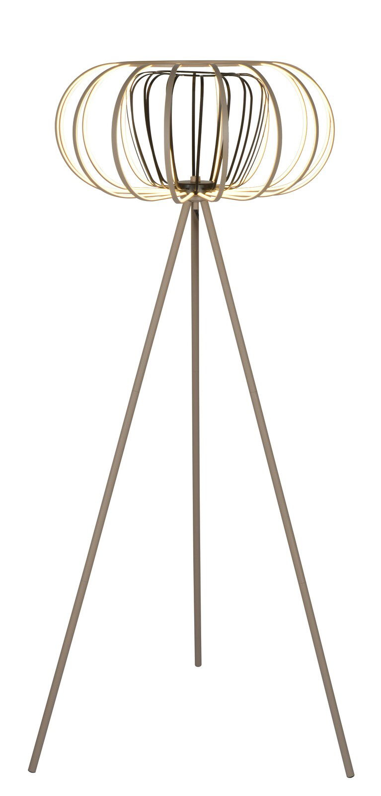 Moderne Stehleuchte mit dreibeinigem Stativ und dekorativem, runden Lampenschirm aus Metall, seitliche Perspektive.