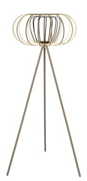 Moderne Stehleuchte mit dreibeinigem Stativ und dekorativem, runden Lampenschirm aus Metall, seitliche Perspektive.