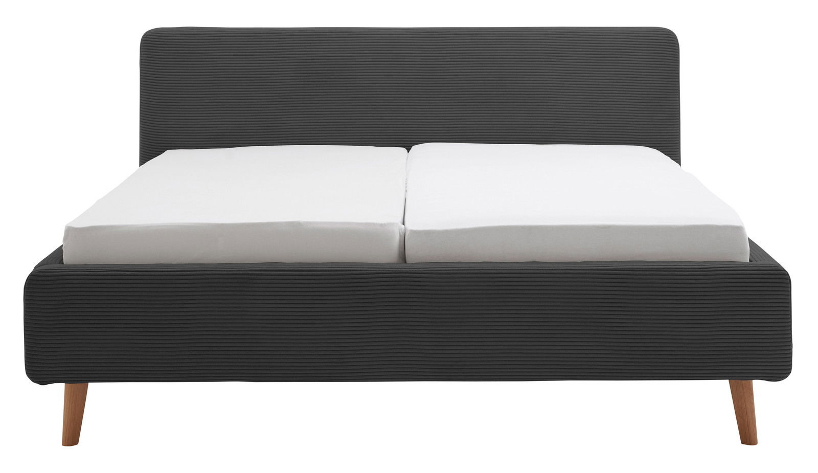 Frontale Ansicht eines modernen Polsterbettgestells mit dunklem Stoffbezug und Holzbeinen.
