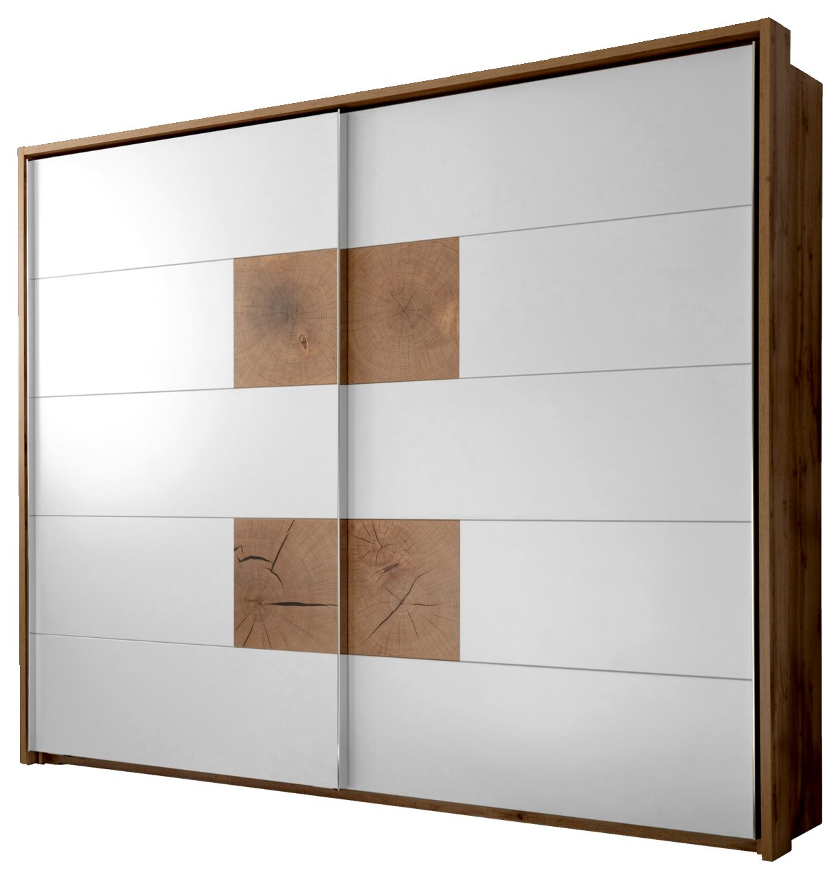 Schwebetürenschrank mit zwei Türen in Holzoptik und weißen Paneelen, seitliche Perspektive