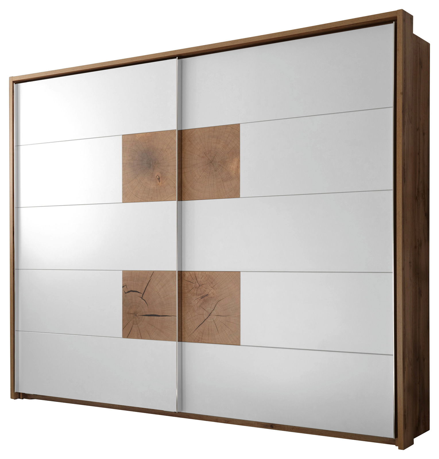 Schwebetürenschrank mit zwei Türen in Holzoptik und weißen Paneelen, seitliche Perspektive