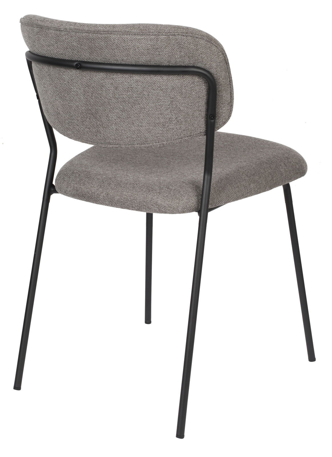 Rückansicht eines modernen Stuhls mit grauem Stoffbezug und schwarzem Metallrahmen.