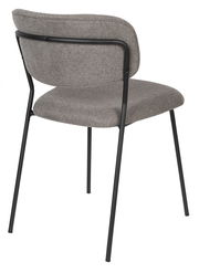 Rückansicht eines modernen Stuhls mit grauem Stoffbezug und schwarzem Metallrahmen.