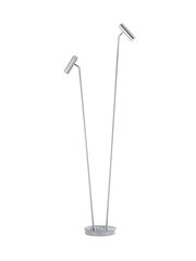 Moderne LED-Stehleuchte mit zwei verstellbaren Leuchtenköpfen, silbernes Design, seitliche Perspektive