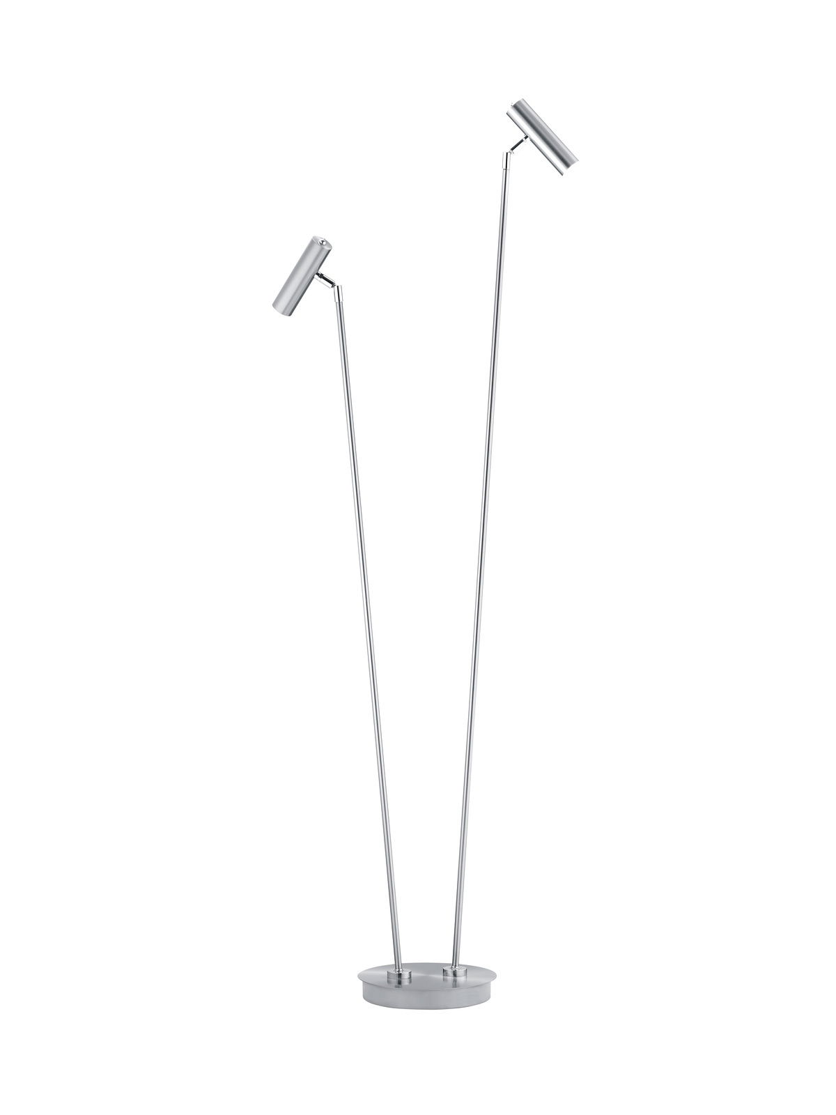 Moderne LED-Stehleuchte mit zwei verstellbaren Leuchtenköpfen, silbernes Design, seitliche Perspektive