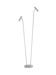 Moderne LED-Stehleuchte mit zwei verstellbaren Leuchtenköpfen, silbernes Design, seitliche Perspektive