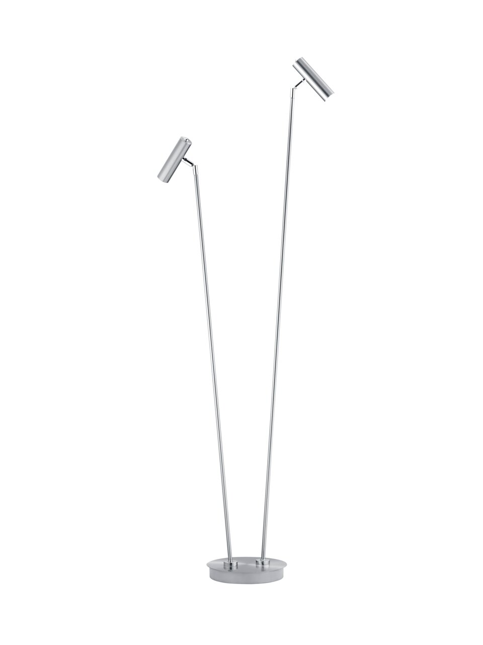 Moderne LED-Stehleuchte mit zwei verstellbaren Leuchtenköpfen, silbernes Design, seitliche Perspektive