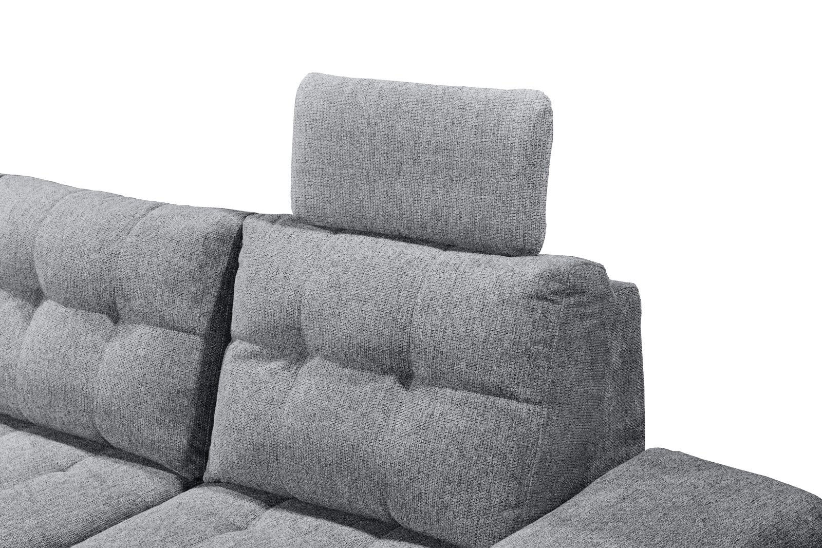 Graues Ecksofa DURBAN mit verstellbarer Kopfstütze, Nahaufnahme von der Seite
