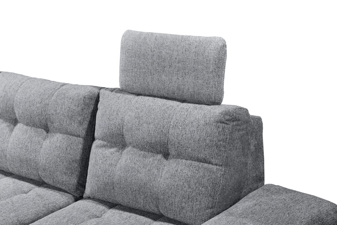 Graues Ecksofa DURBAN mit verstellbarer Kopfstütze, Nahaufnahme von der Seite