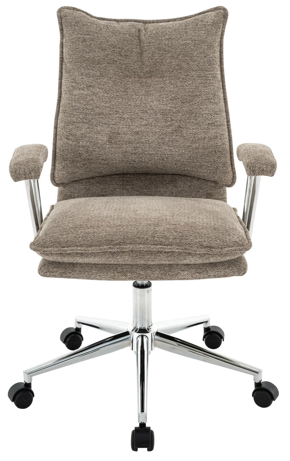 Frontansicht eines beigen Home Office Drehstuhls mit gepolsterten Armlehnen und verchromtem Fußkreuz auf Rollen.