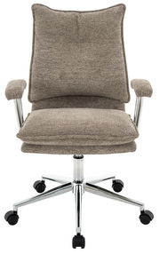 Frontansicht eines beigen Home Office Drehstuhls mit gepolsterten Armlehnen und verchromtem Fußkreuz auf Rollen.