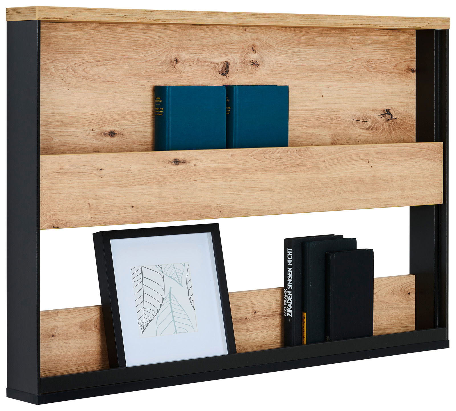 Hängeregal aus Holz und Metall mit zwei Regalböden, darauf Bücher und ein gerahmtes Bild, seitliche Perspektive