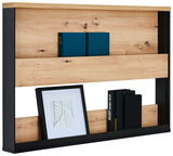 Hängeregal aus Holz und Metall mit zwei Regalböden, darauf Bücher und ein gerahmtes Bild, seitliche Perspektive