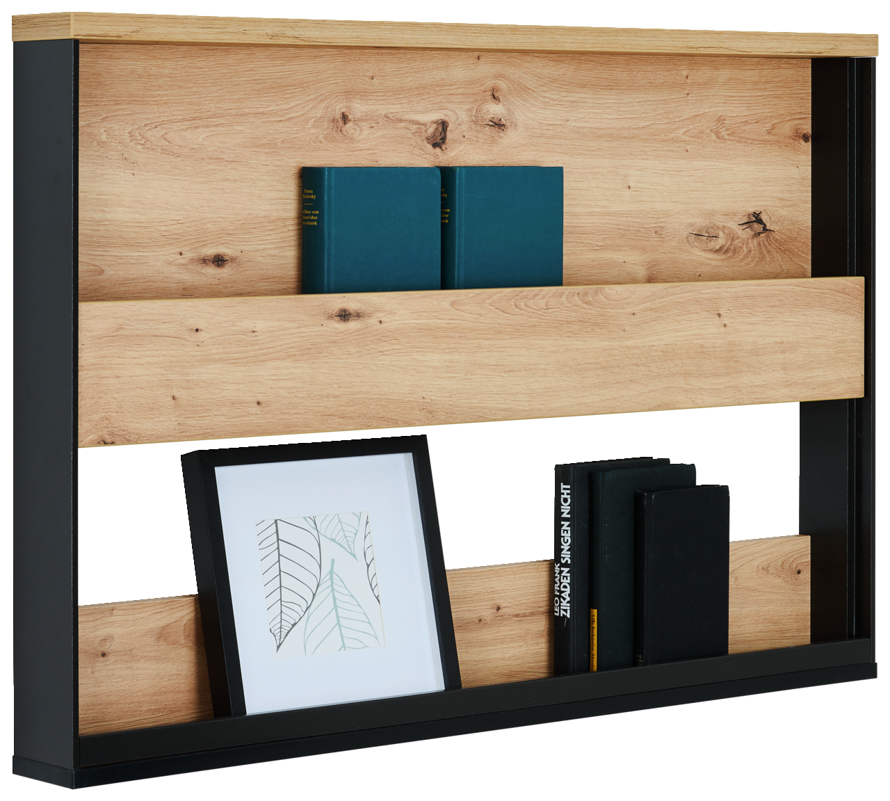 Voleo Hängeregal Hängeregal aus Holz und Metall mit zwei Regalböden, darauf Bücher und ein gerahmtes Bild, seitliche Perspektive