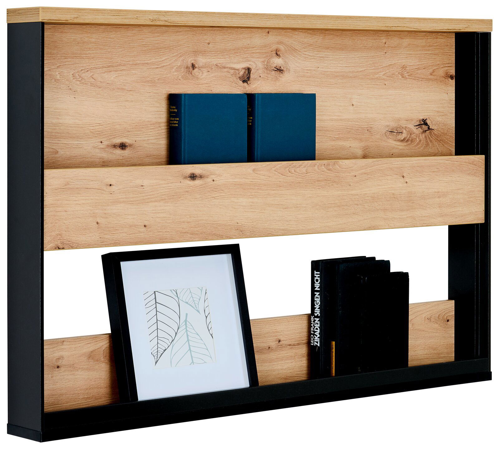 Hängeregal aus Holz und Metall mit zwei Regalböden, darauf Bücher und ein gerahmtes Bild, seitliche Perspektive