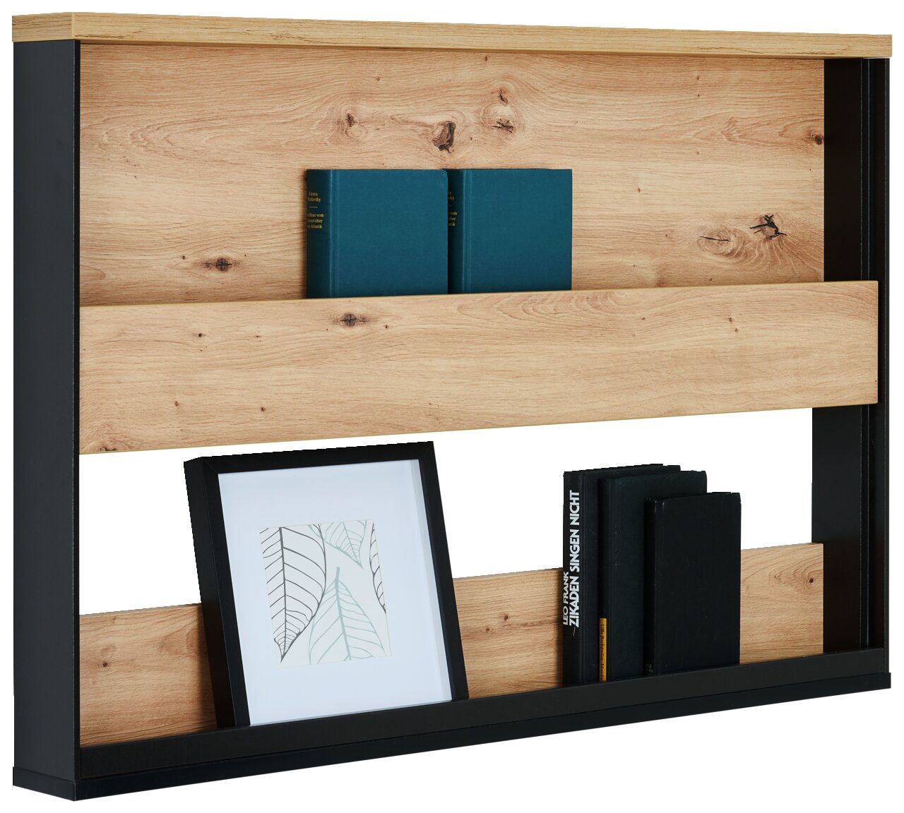 Voleo Hängeregal Hängeregal aus Holz und Metall mit zwei Regalböden, darauf Bücher und ein gerahmtes Bild, seitliche Perspektive