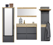 Modernes Garderoben-Set in Eiche-Optik und Anthrazit mit Spiegel, Schuhschrank/Kommode und Wandpaneel mit Ablage und Haken, frontale Ansicht