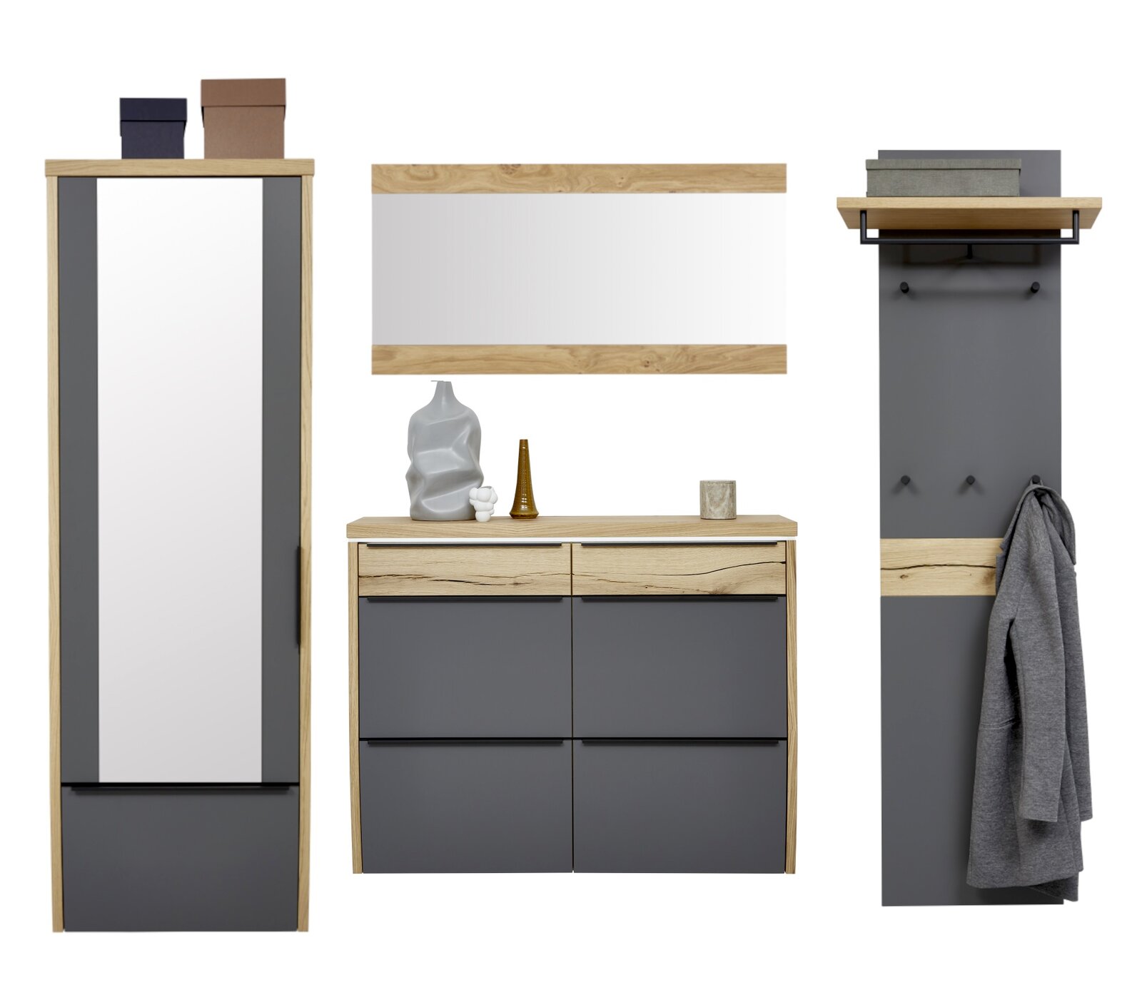 Modernes Garderoben-Set in Eiche-Optik und Anthrazit mit Spiegel, Schuhschrank/Kommode und Wandpaneel mit Ablage und Haken, frontale Ansicht