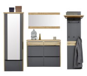 Modernes Garderoben-Set in Eiche-Optik und Anthrazit mit Spiegel, Schuhschrank/Kommode und Wandpaneel mit Ablage und Haken, frontale Ansicht