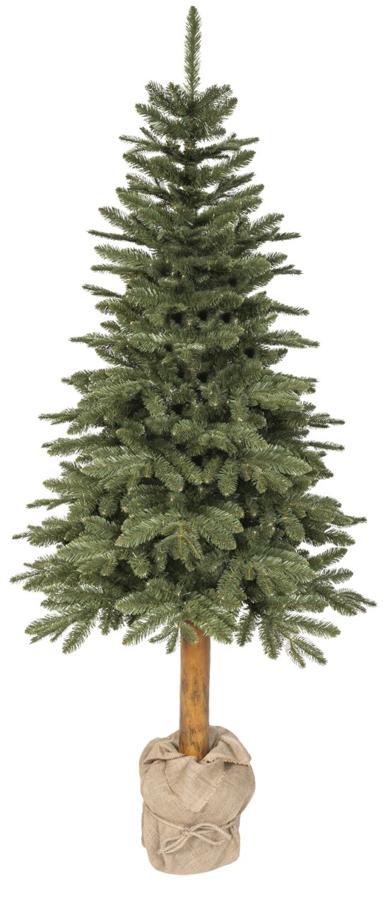 Kunstkerstboom Tiaga-spar, 210 cm hoog, vooraanzicht met een natuurlijke uitstraling en een jutezak als voet.