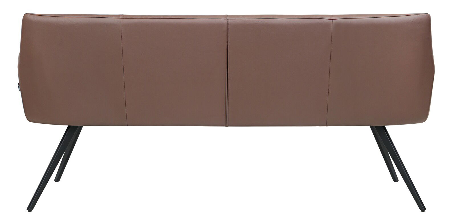 Rückansicht einer braunen Bank mit schwarzen Metallbeinen