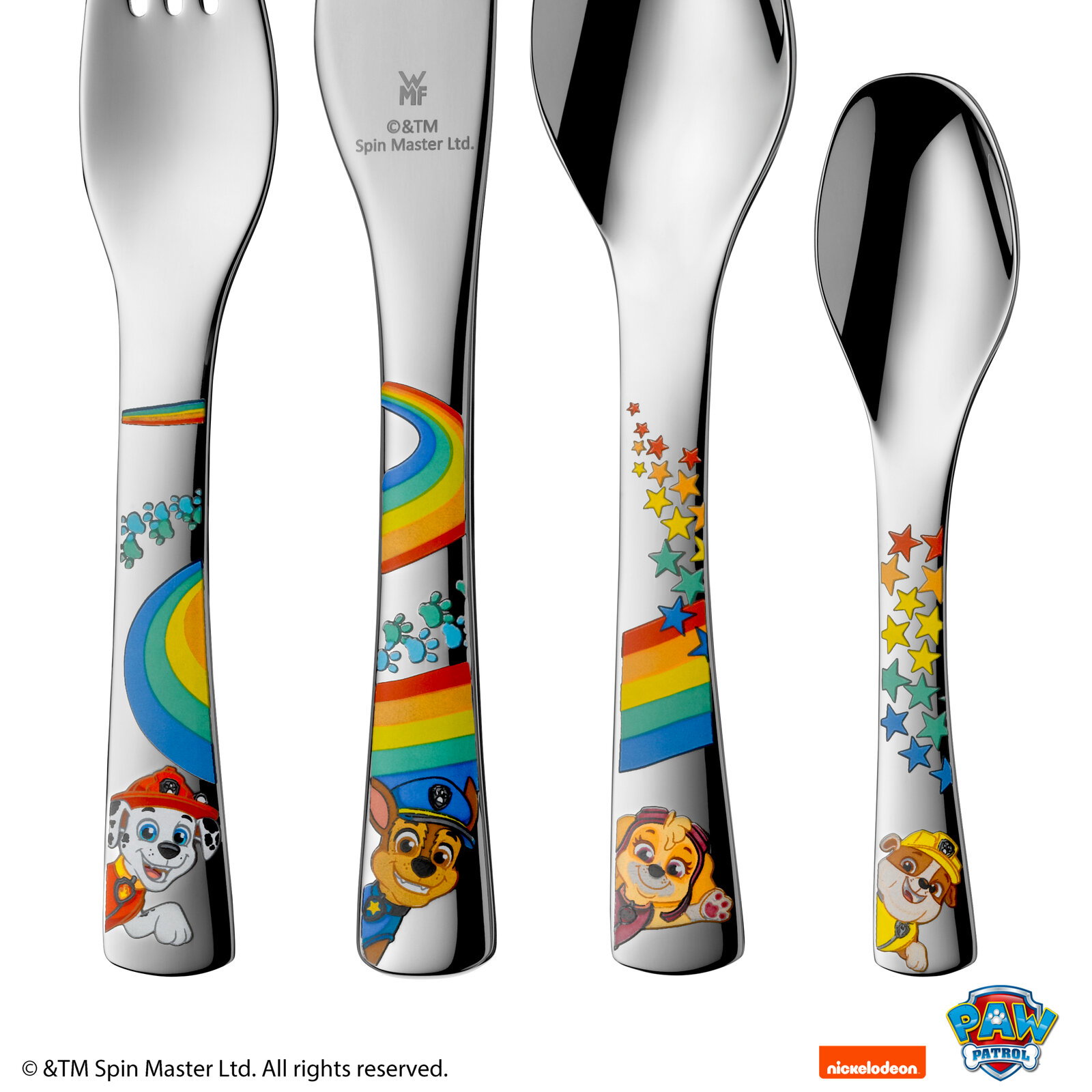 Kinderset mit vier Besteckteilen aus Edelstahl, verziert mit bunten Regenbogen und Paw Patrol Charakteren. Vorderansicht.