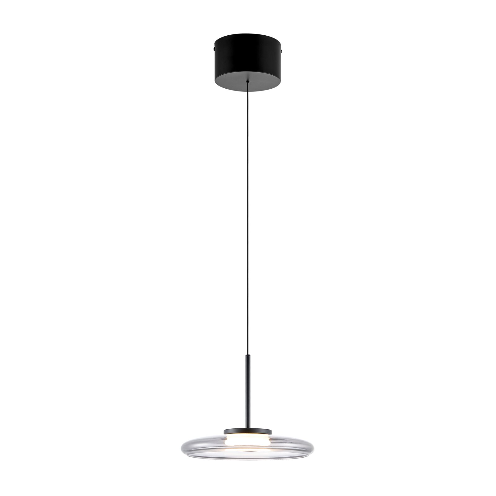 Schwarze, moderne Pendelleuchte mit langem Kabel, zylindrischem Baldachin und flachem, transparentem Glasschirm; Produktansicht frontal von der Seite vor weißem Hintergrund