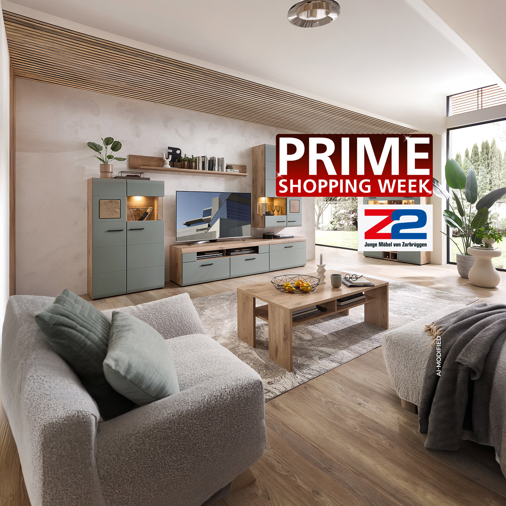 AI-modified: Modernes Wohnzimmer mit Wohnwand, Sofa und Couchtisch; Logos „Prime Shopping Week“ und Z2.