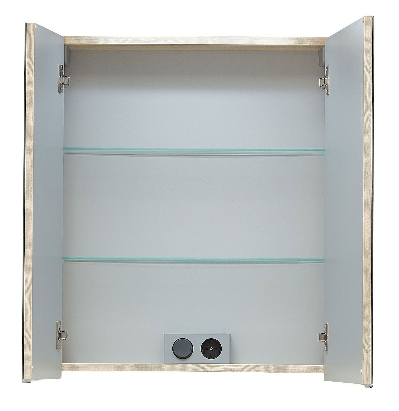 Sadena Spiegelschrank M-PLAN Offener Spiegelschrank mit zwei Glaseinlegeböden und Steckdose, Frontalansicht