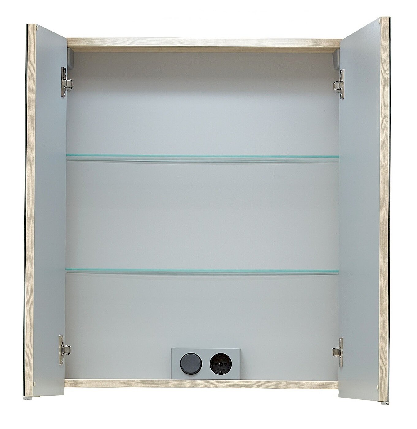 Offener Spiegelschrank mit zwei Glaseinlegeböden und Steckdose, Frontalansicht