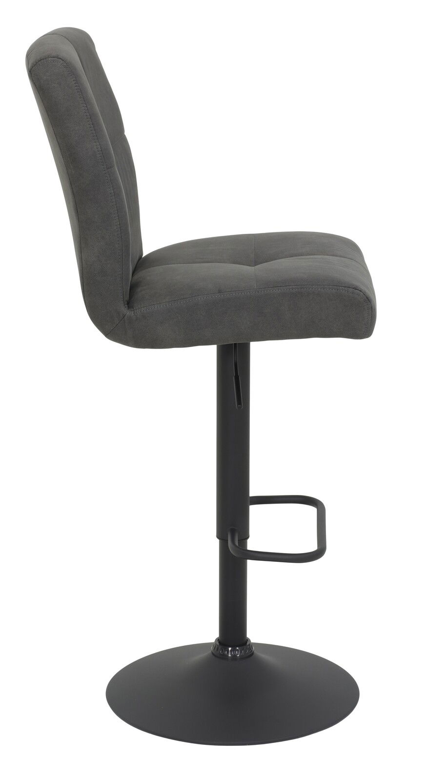 Seitenansicht eines grauen Barhockers mit gepolsterter Rückenlehne und schwarzem Metallfuß.