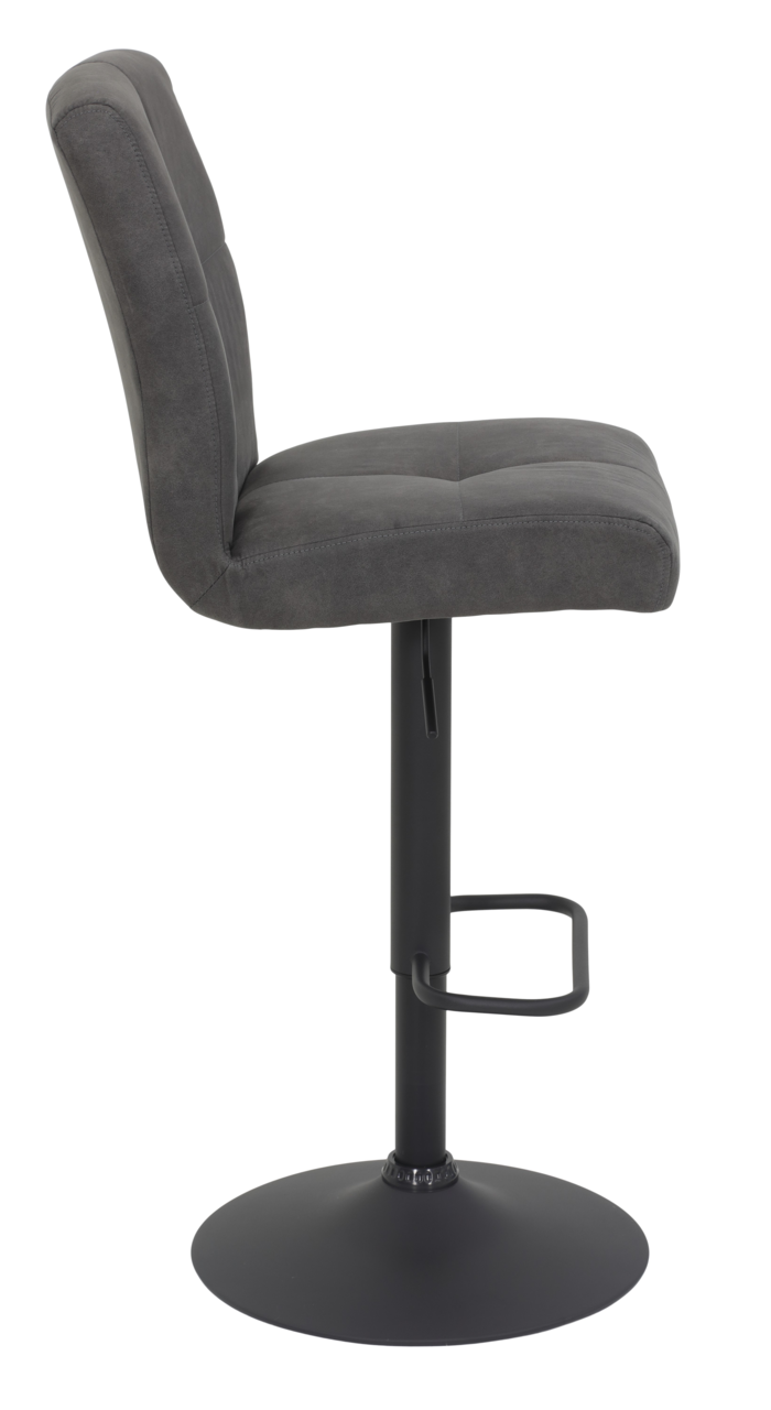 Z2 Barhocker LENI Seitenansicht eines grauen Barhockers mit gepolsterter Rückenlehne und schwarzem Metallfuß.
