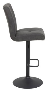 Seitenansicht eines grauen Barhockers mit gepolsterter Rückenlehne und schwarzem Metallfuß.