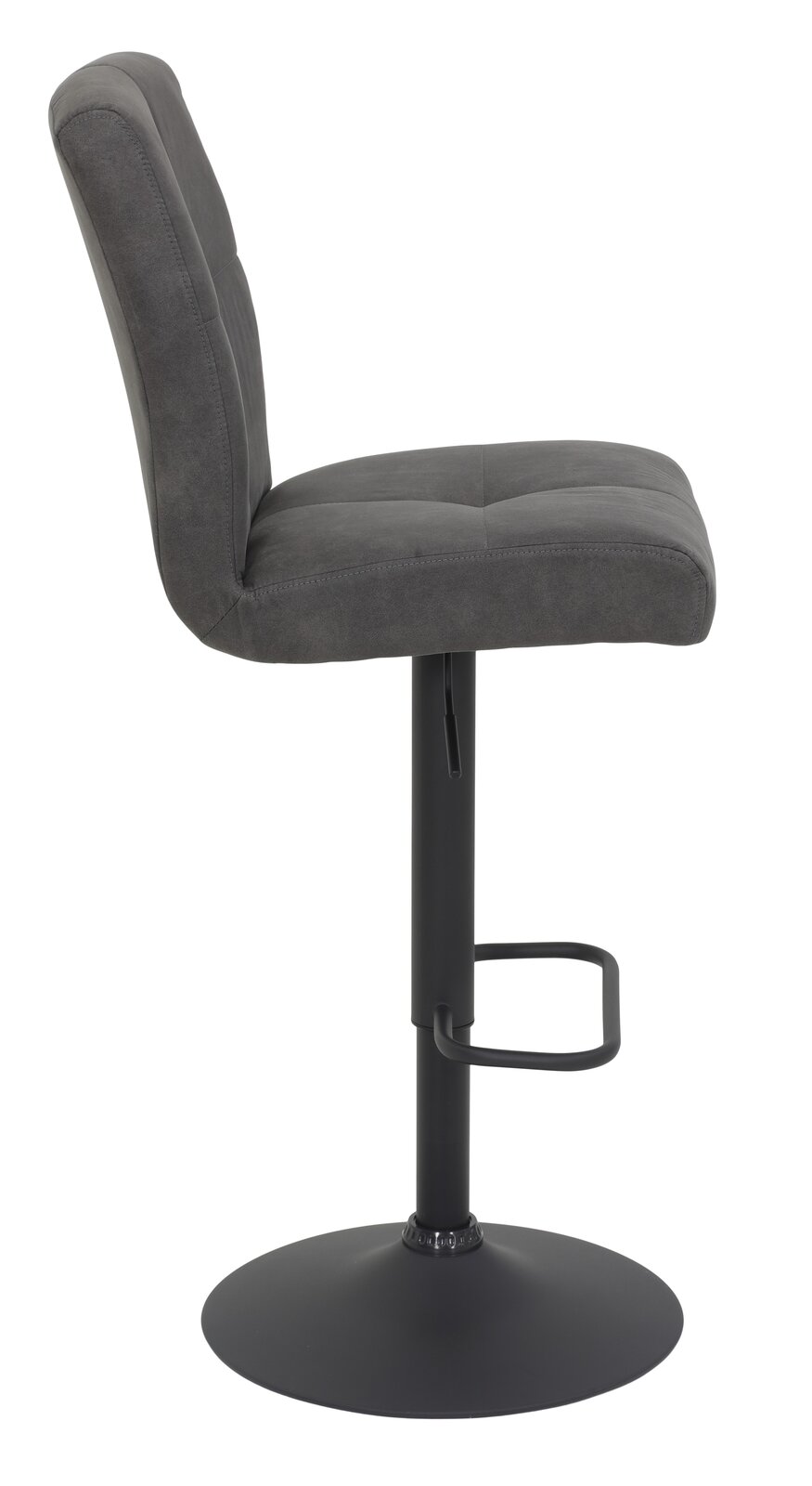 Seitenansicht eines grauen Barhockers mit gepolsterter Rückenlehne und schwarzem Metallfuß.
