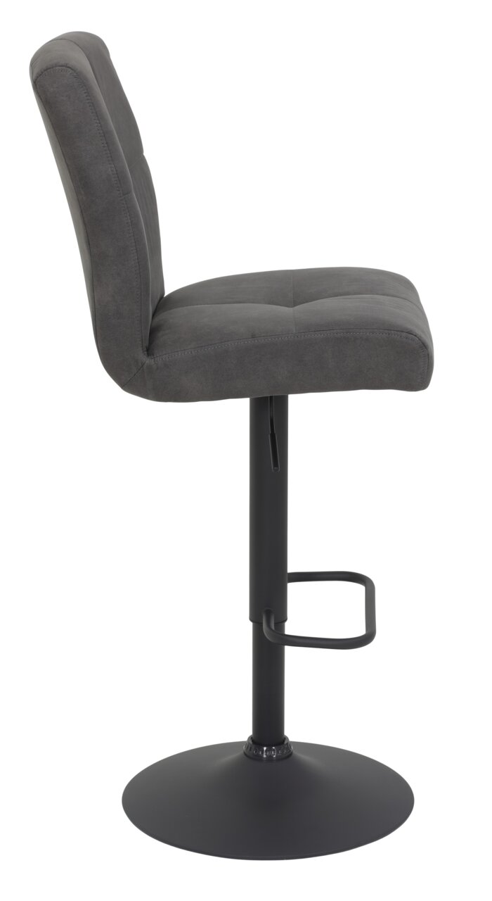 Z2 Barhocker LENI Seitenansicht eines grauen Barhockers mit gepolsterter Rückenlehne und schwarzem Metallfuß.