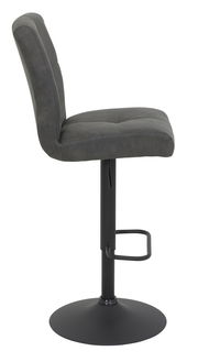 Seitenansicht eines grauen Barhockers mit gepolsterter Rückenlehne und schwarzem Metallfuß.