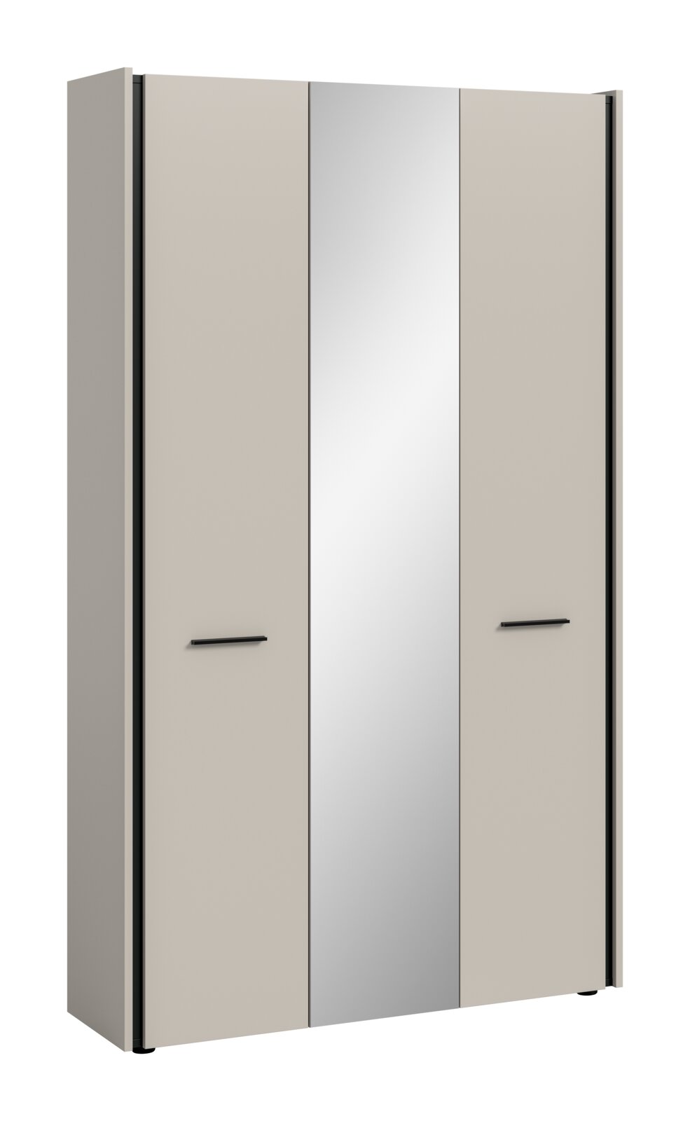 MID.YOU Garderobenschrank EMIL Moderner Kleiderschrank mit drei Türen in Beige und mittlerer grauer Front, schwarzen Griffleisten und dunklen Seitenleisten, freigestellt vor weißem Hintergrund, Ansicht leicht schräg von vorn links.
