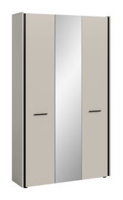 Moderner Kleiderschrank mit drei Türen in Beige und mittlerer grauer Front, schwarzen Griffleisten und dunklen Seitenleisten, freigestellt vor weißem Hintergrund, Ansicht leicht schräg von vorn links.