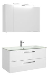 Moderner weißer Badblock mit Spiegelschrank und Waschbecken, Frontansicht