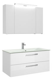 Moderner weißer Badblock mit Spiegelschrank und Waschbecken, Frontansicht