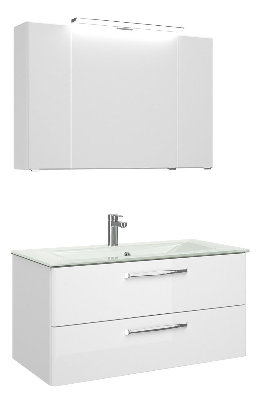 Moderner weißer Badblock mit Spiegelschrank und Waschbecken, Frontansicht