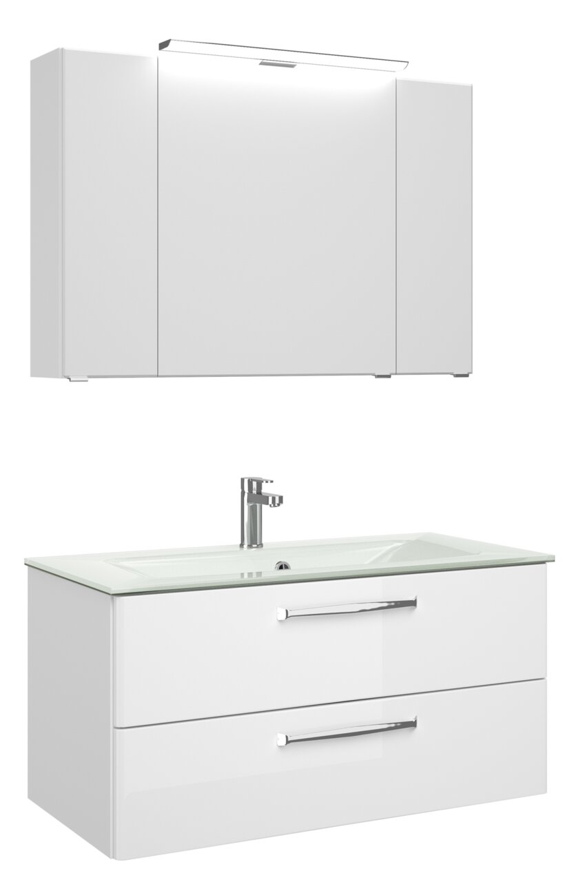 Pelipal Badblock TRENTINO Moderner weißer Badblock mit Spiegelschrank und Waschbecken, Frontansicht